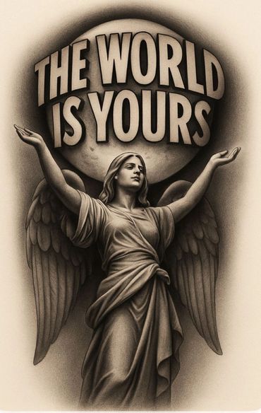 A statue of an angel with wings and outstretched arms under the words 'THE WORLD IS YOURS'.