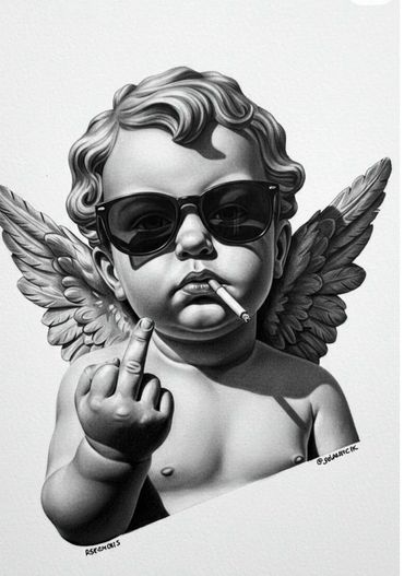 A rebellious cherub with sunglasses, a cigarette, and giving the middle finger.