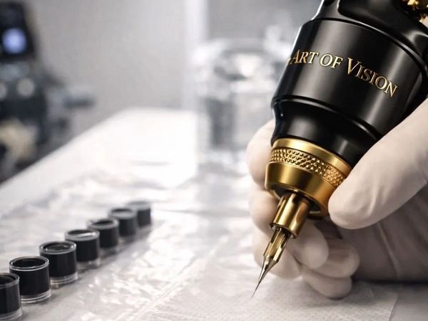 Close-up of a tattoo machine held by a gloved hand.