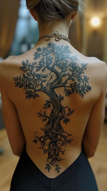 Intricate tree tattoo covering the entire back with detailed leaves and twisted trunk.