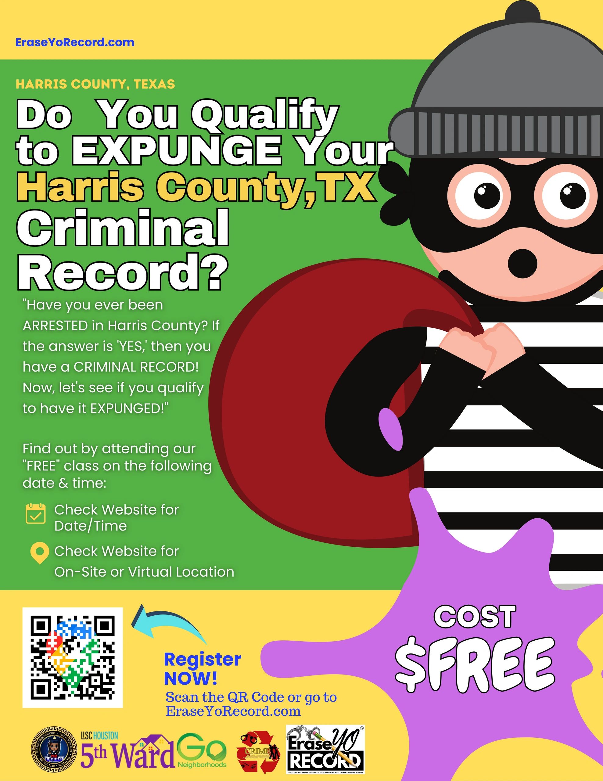 
An ad promotes a free expungement class in Harris County, TX, with a cartoon burglar and a QR code.