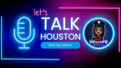 A neon-themed graphic for "Let's Talk Houston" featuring an avatar of Mz Officer.