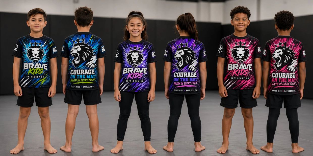 Three kids modeling colorful Brave Kids t-shirts with lion logos.