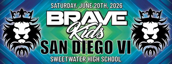 Brave Kids San Diego VI event banner with lion logos and event details.