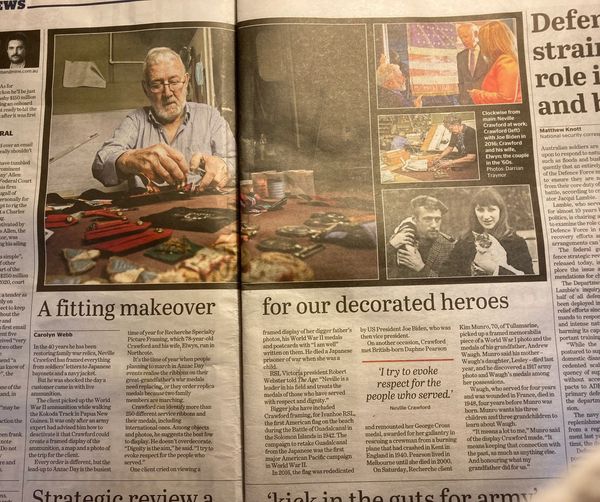 Neville Crawford with medals and medal mounting at Recherché Specialty Picture Framing in Northcote