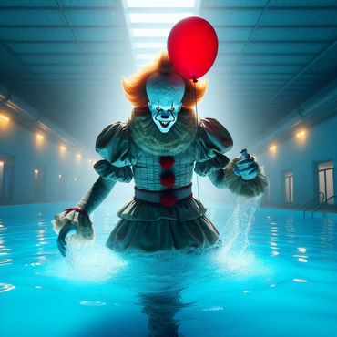 Pennywise chases a balloon in the pool.