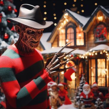 Freddy Krueger in a Christmas setting with festive lights and decorations.