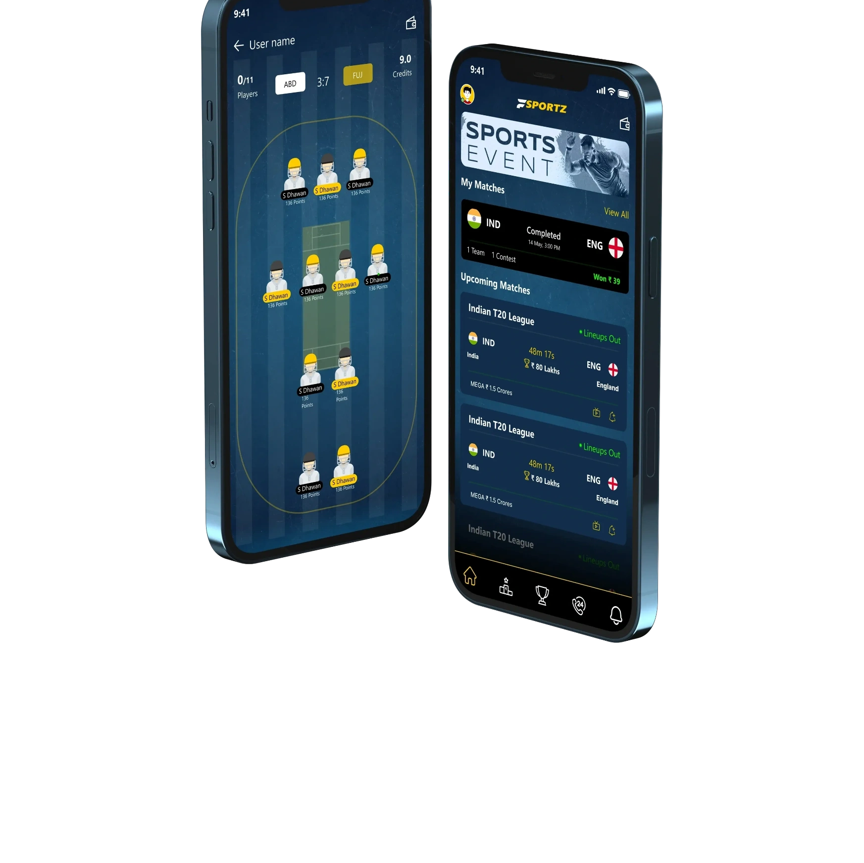 Two smartphones displaying a cricket fantasy sports app with team lineup and match details.