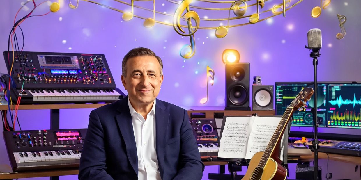 A man in a suit sits in a music studio surrounded by instruments and floating musical notes.