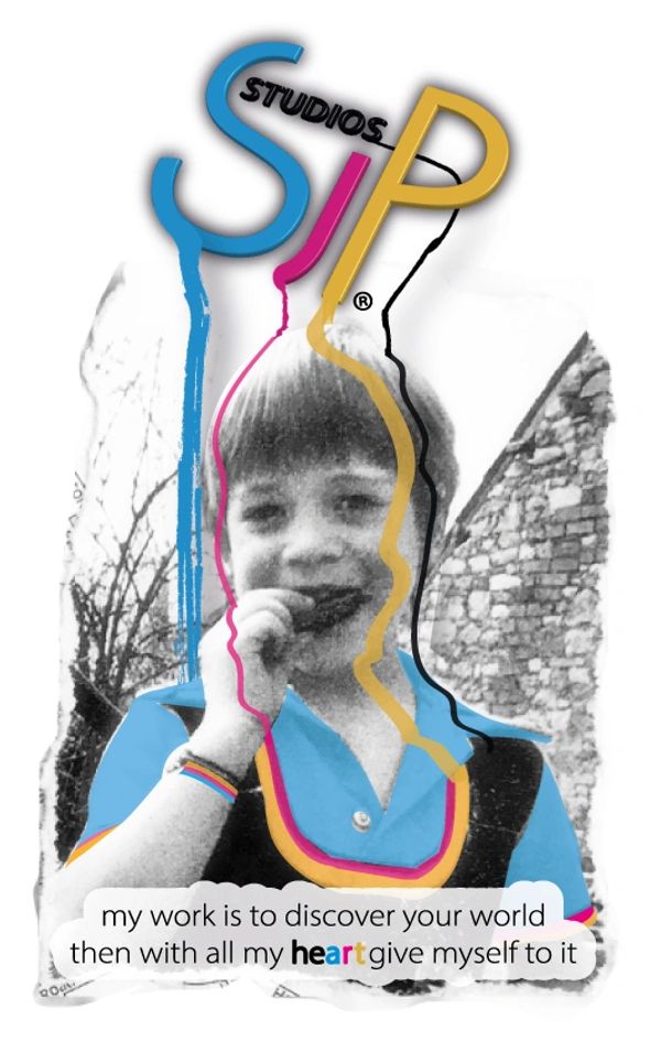 Sam as a young lad eating cake with colour spilling out from the SJP STUDIOS ® brand and strap line 