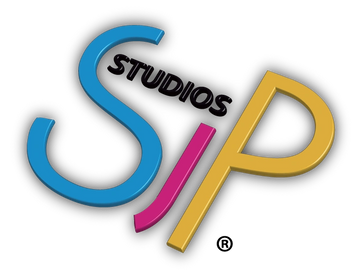 SJP STUDIOS ® Brand a cyan coloured S, magenta coloured J, Yellow colour P with studios in black.