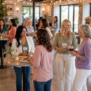 Women socializing at a casual indoor gathering.