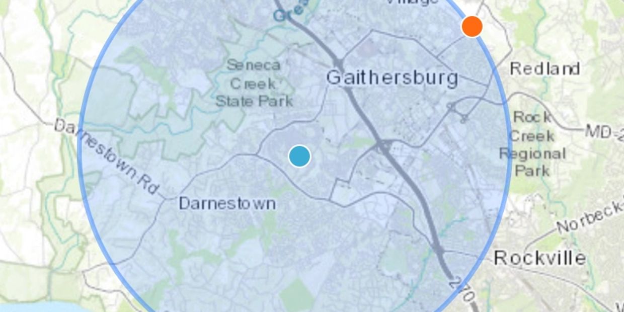 Delivery zone, 5 mile radius around 56 Golden Ash Way, Gaithersburg, MD