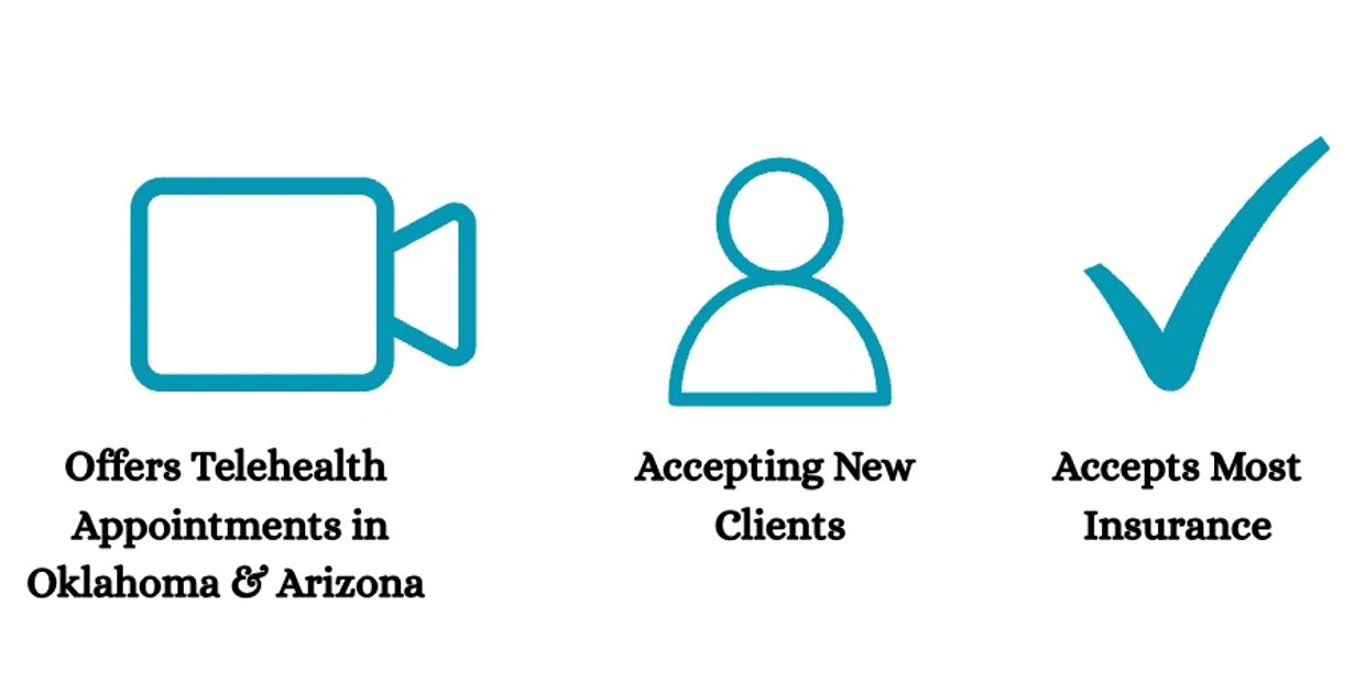 Icons highlighting telehealth, new client acceptance, and insurance acceptance.