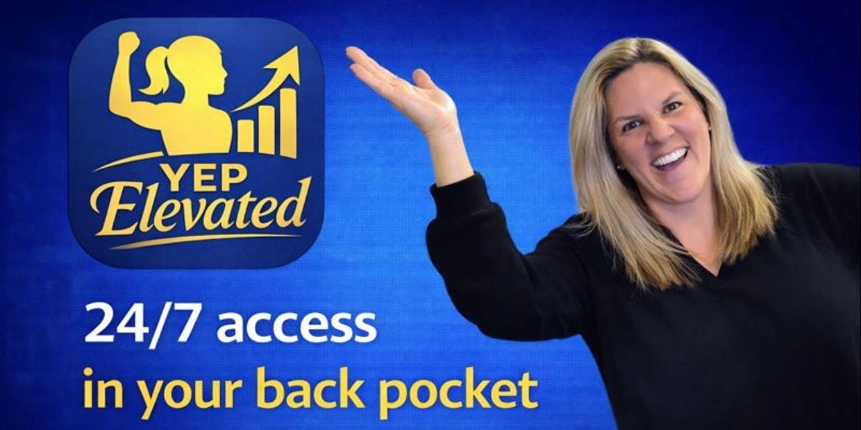 Julie Voorhies presenting the YEP app with messaging about 24/7 access, highlighting early access for founding members to mental performance tools for athletes and parents