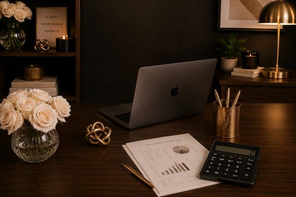 Elegant workspace with a laptop, calculator, and flowers.