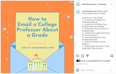 A screenshot of an Instagram post from @entertheclassroom about emailing a college professor.