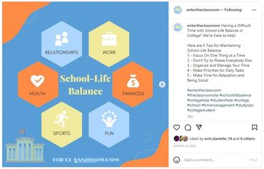 A screenshot of an Instagram post from @entertheclassroom about having a school-life balance.
