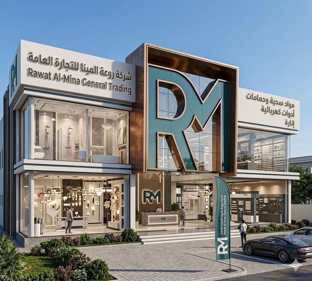 Modern commercial building of Rawat Al-Mina General Trading with large RM logo.