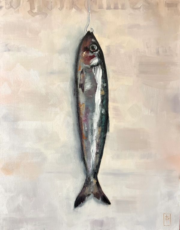 Still life oil painting of fish on hook on cream background