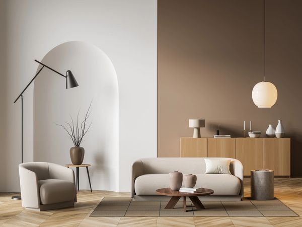 Modern villa living room design interior, beige furniture