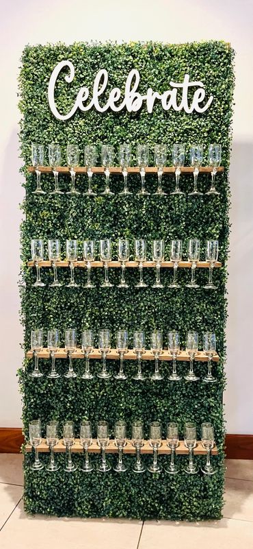 Green wall with "Celebrate" sign and rows of empty wine glasses.