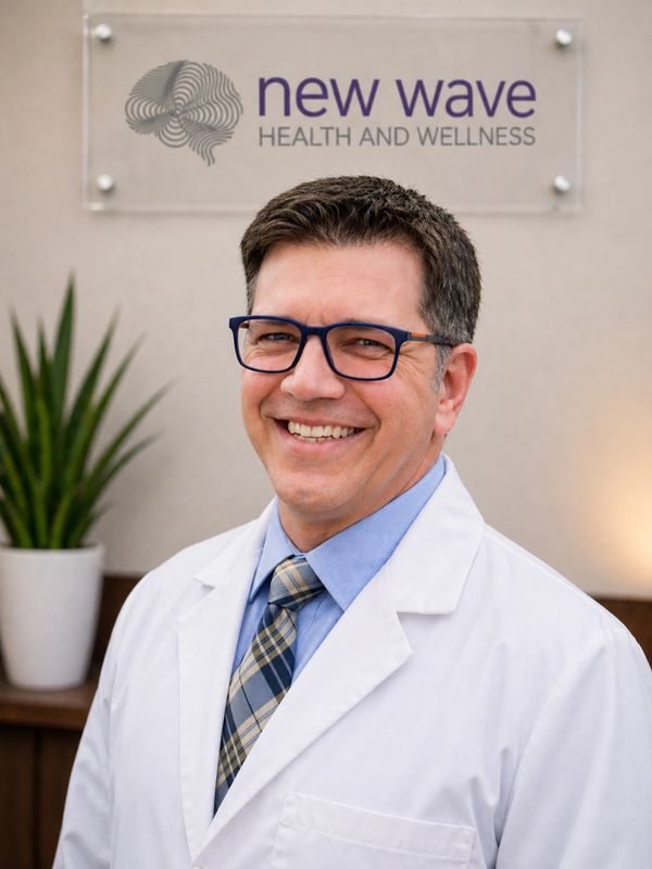 Smiling healthcare professional in white coat at New Wave Health and Wellness.