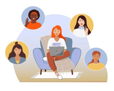 Illustration of women working from home as a supportive remote community
