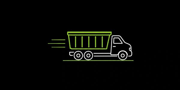Minimalist green and white dump truck icon on black background.
