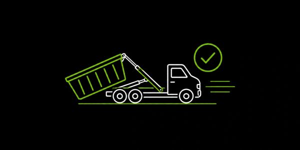 Green and white line drawing of a dump truck with a check mark.