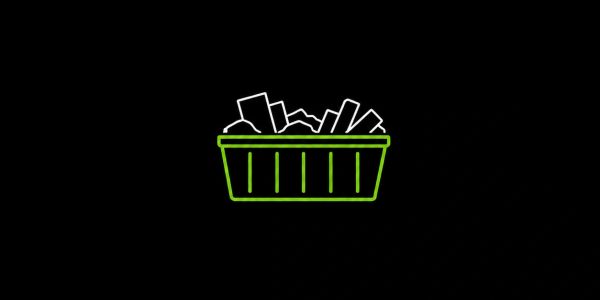 Green and white basket icon on black background.
