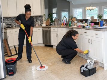 Two women cleaning a kitchen with supplies and tools.
