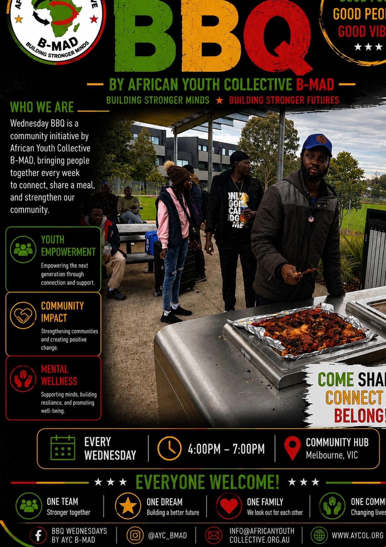 Community BBQ event every Wednesday by African Youth Collective B-MAD in Melbourne.