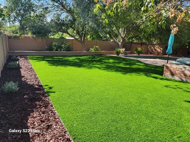A sunlit yard with mulch, trees, and an artificial turf installation by Tempe Turf Installers.