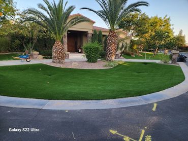A front yard with a lush artificial grass installation by Tempe Turf Installers and palm trees.