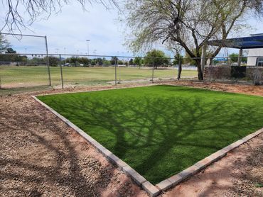 A sunny sports field with trees featuring an artificial turf installation by Tempe Turf Installers.