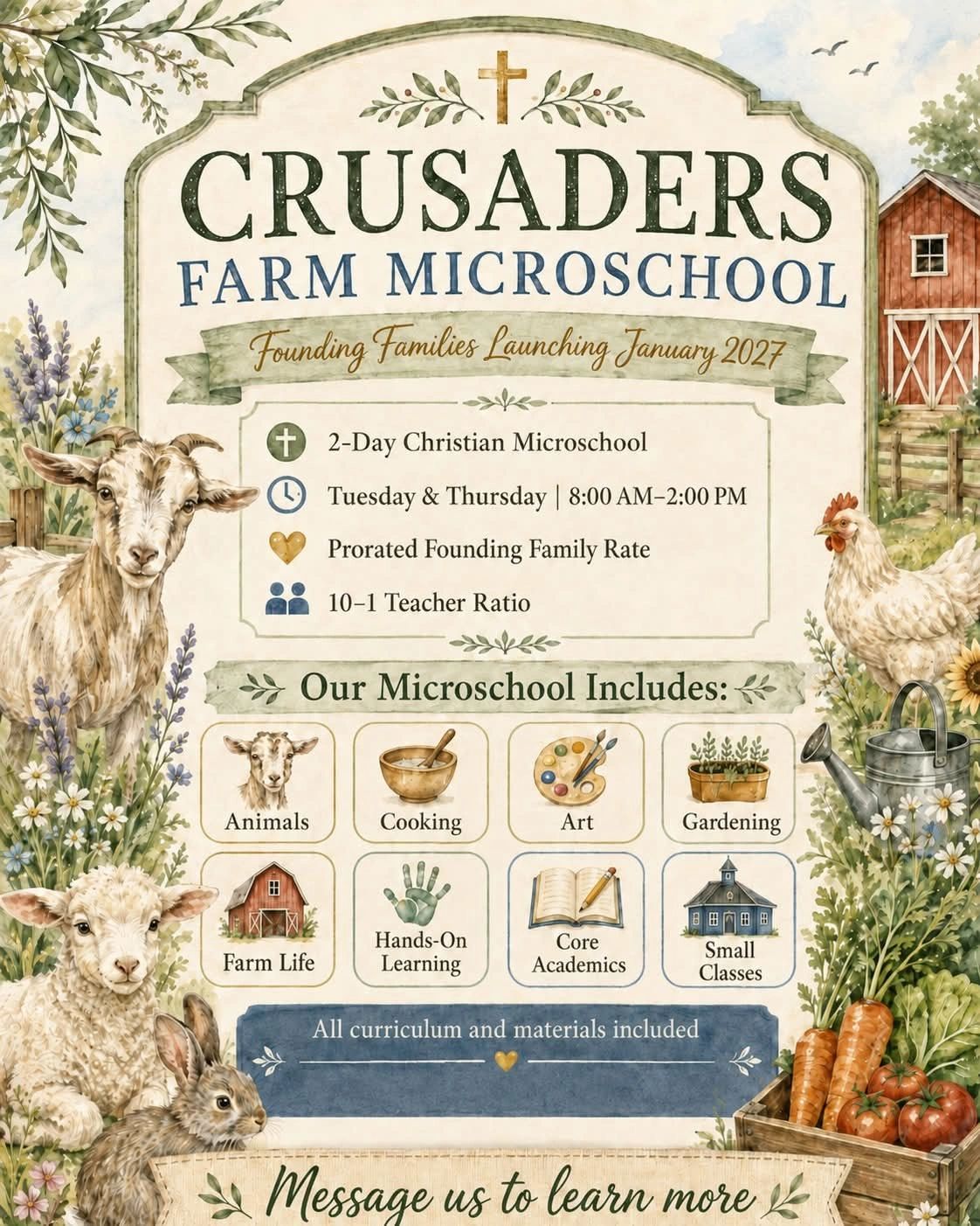 Announcement for Crusaders Farm Microschool launching in January 2027.