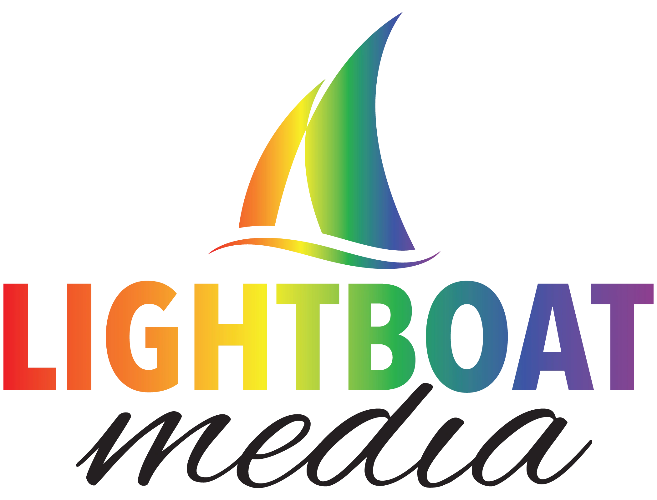 logo consisting of a sailboat over the words Lightboat Media in rainbow colors