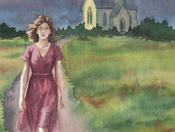 A woman in a purple dress walking on a path near a church.