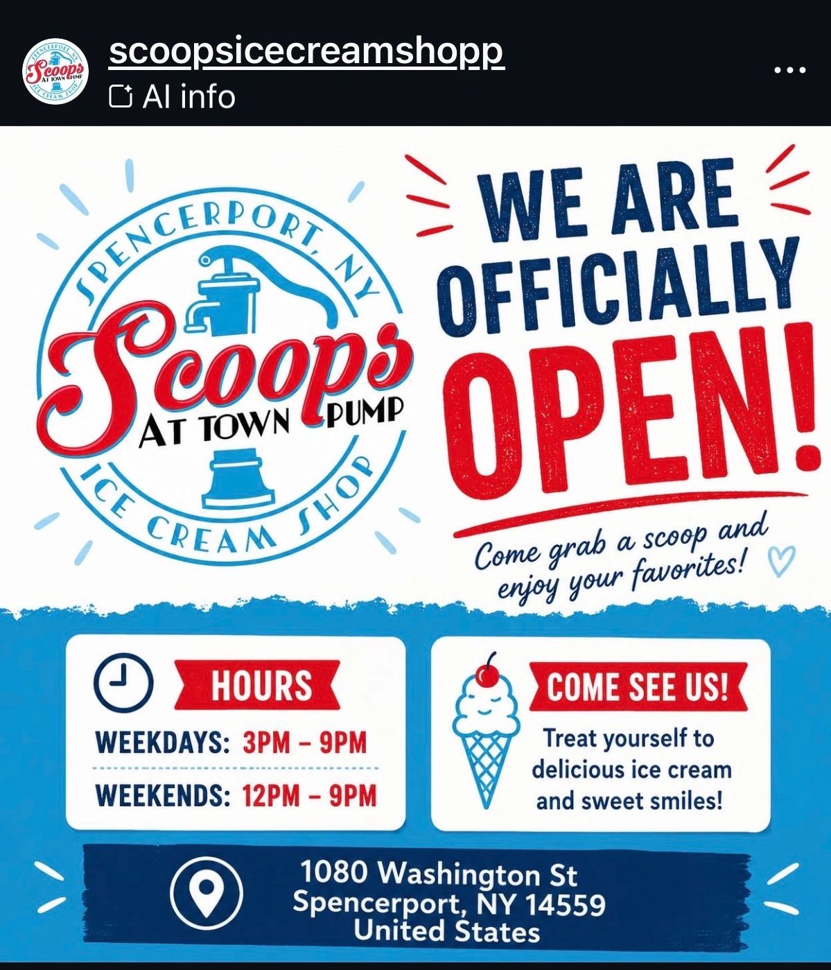Scoops at Town Pump ice cream shop now open in Spencerport, NY with new hours.dirty sodas and more