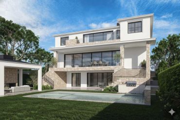 Modern three-story house with large windows and a pool in the backyard.