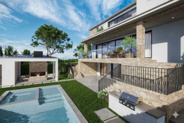 Modern stone house with pool, outdoor grill, and covered patio with fireplace.