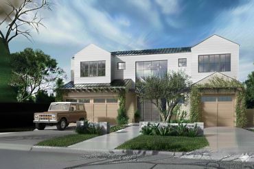 Modern two-story house with large windows and greenery.