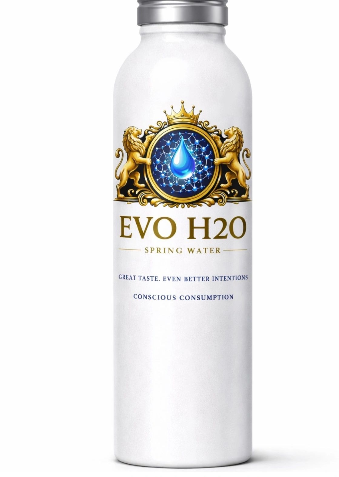 EVO H2O spring water bottle with gold lions and a water droplet emblem.