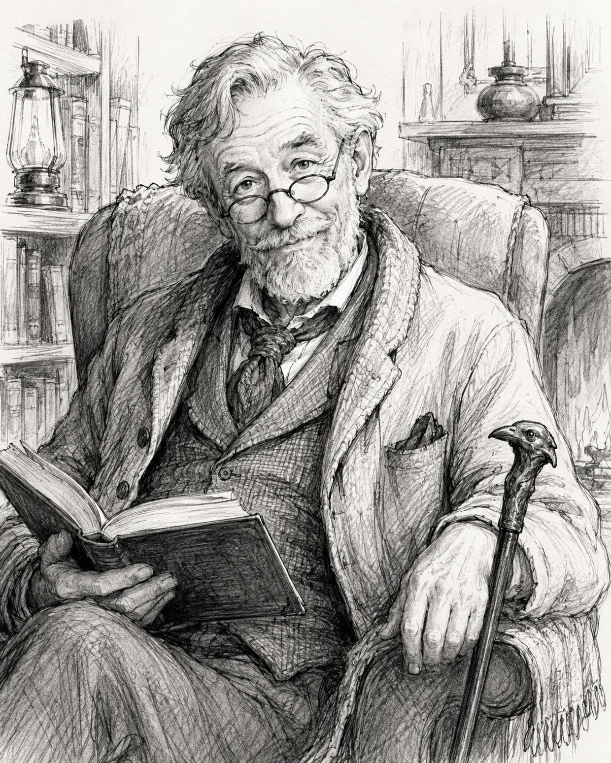Elderly man reading with a cane in a cozy room.
