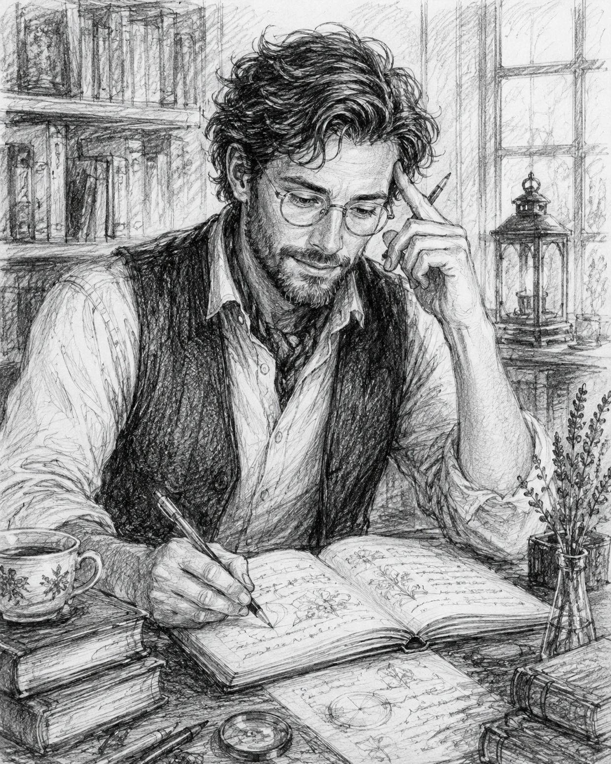 Man writing in a vintage study room.