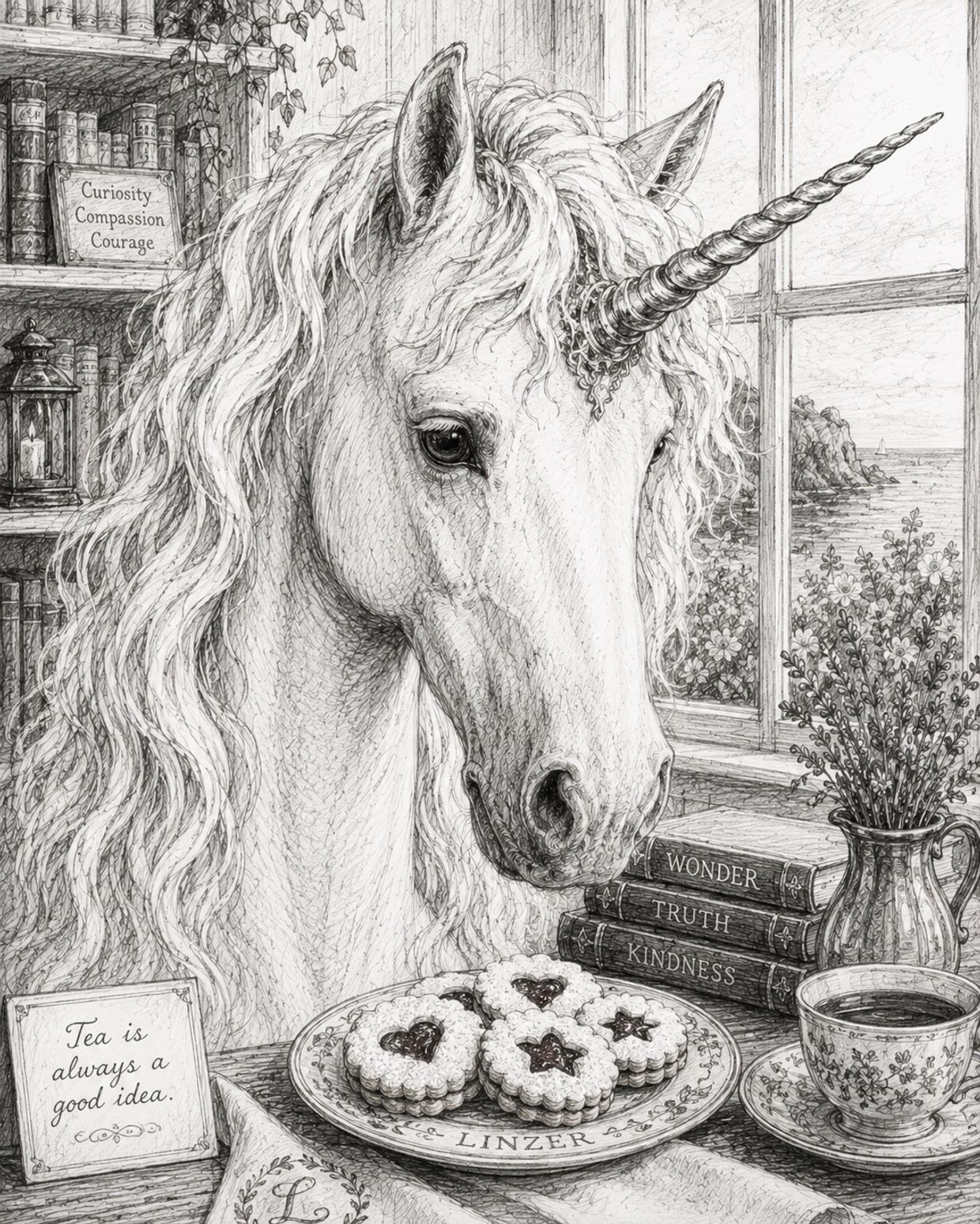 Detailed sketch of a unicorn enjoying tea and cookies by a window.