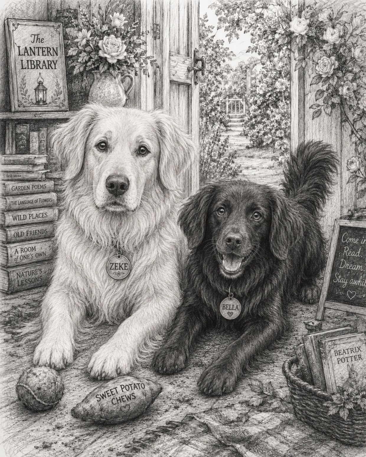 Two dogs, Zeke and Bella, in a cozy garden library setting.