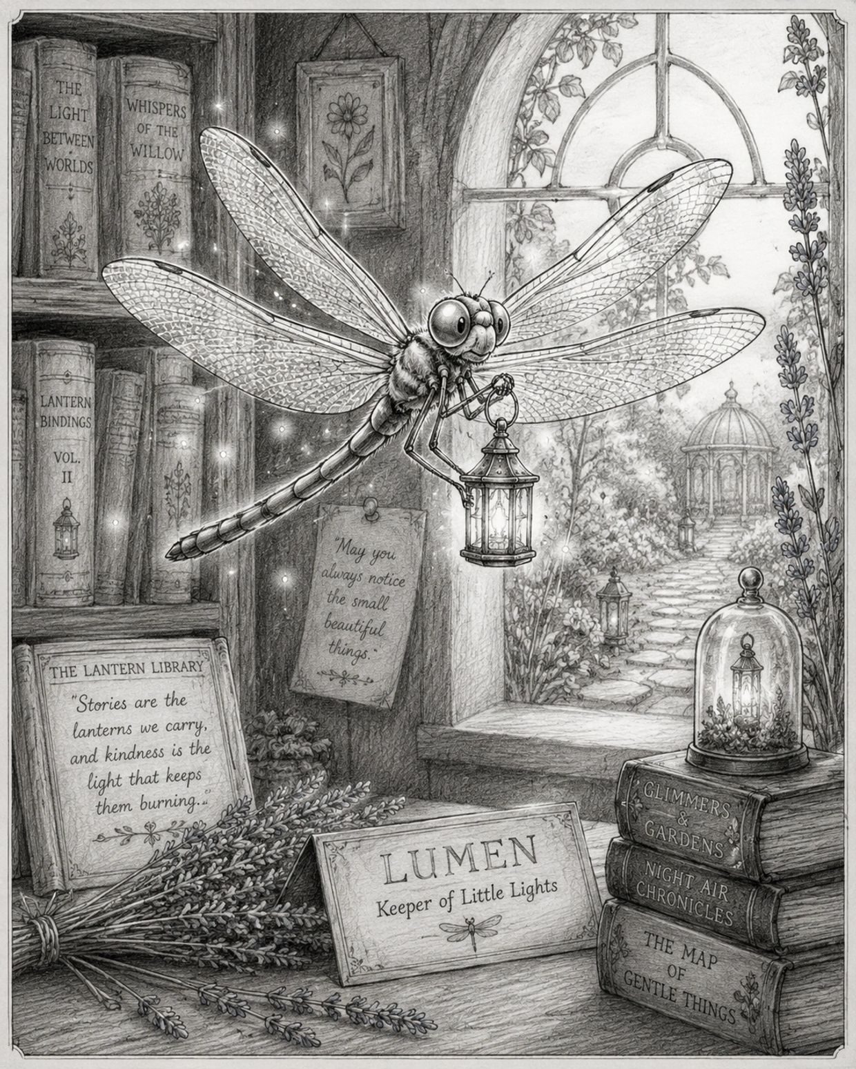 A dragonfly holding a lantern in a cozy, magical library.