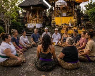 Group meditation in a traditional temple setting with ornate decorations.